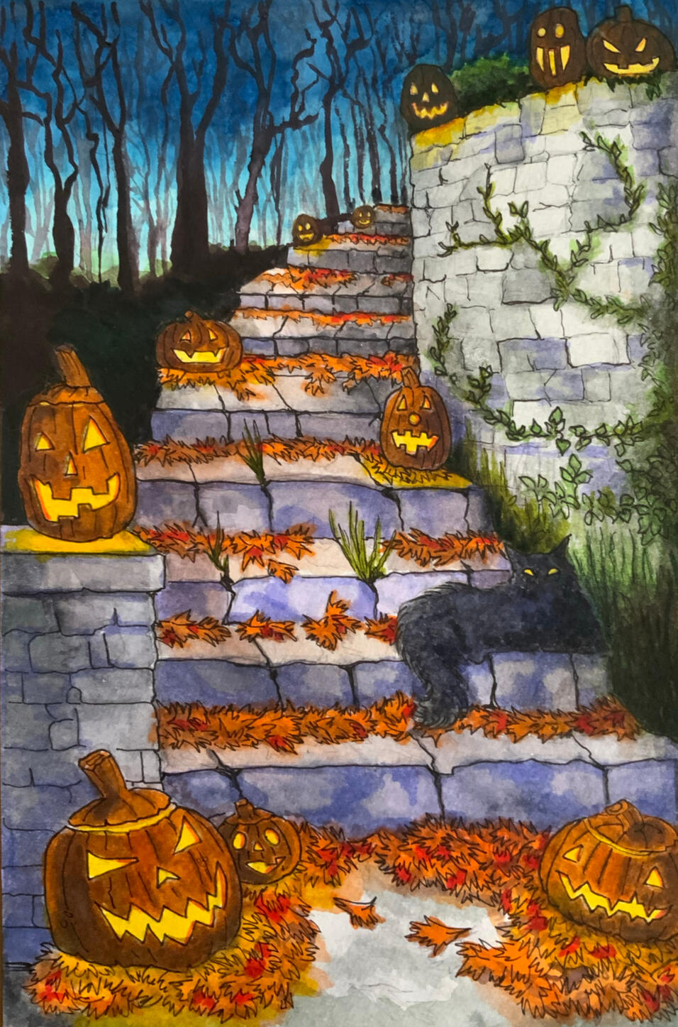 Pumpkin Path (watercolors & ink)
